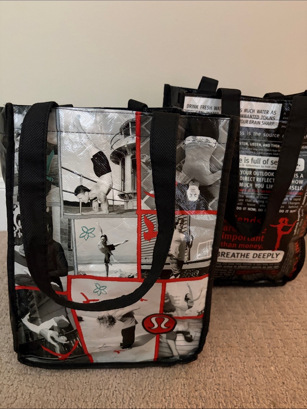 2 Vintage Lululemon Tote Bags - Early 2000 Graphic Bag Black Red White Yoga